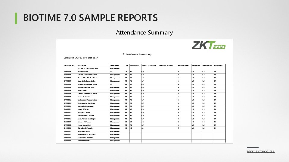 BIOTIME 7. 0 SAMPLE REPORTS Attendance Summary www. zkteco. me 