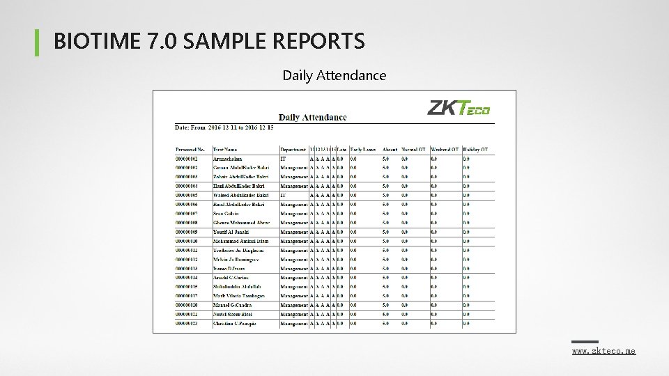 BIOTIME 7. 0 SAMPLE REPORTS Daily Attendance www. zkteco. me 