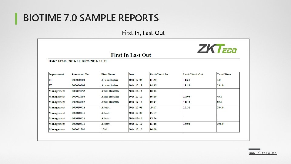 BIOTIME 7. 0 SAMPLE REPORTS First In, Last Out www. zkteco. me 