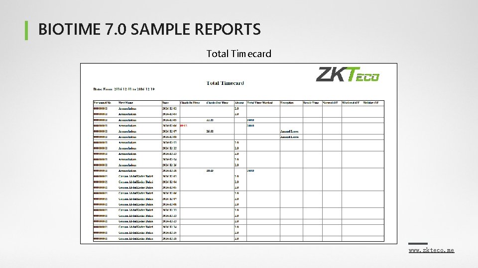 BIOTIME 7. 0 SAMPLE REPORTS Total Timecard www. zkteco. me 