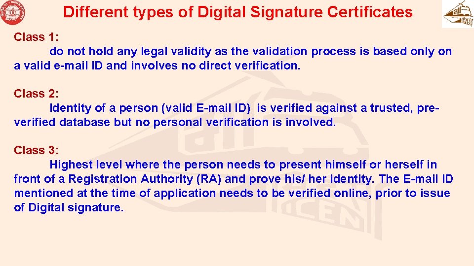 Different types of Digital Signature Certificates Class 1: do not hold any legal validity Different types of Digital Signature Certificates Class 1: do not hold any legal validity