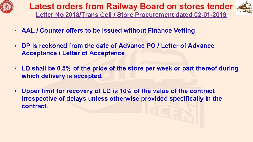 Latest orders from Railway Board on stores tender Letter No 2018/Trans Cell / Store Latest orders from Railway Board on stores tender Letter No 2018/Trans Cell / Store