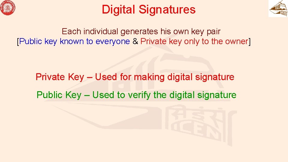 Digital Signatures Each individual generates his own key pair [Public key known to everyone Digital Signatures Each individual generates his own key pair [Public key known to everyone
