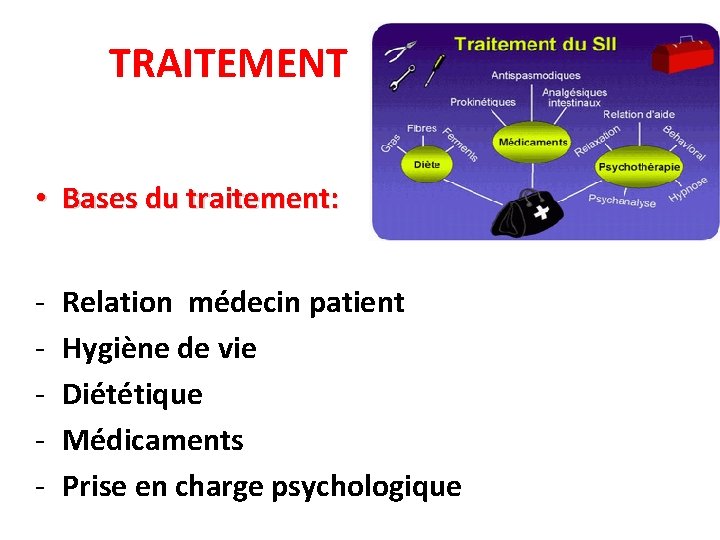 TRAITEMENT • Bases du traitement: - Relation médecin patient Hygiène de vie Diététique Médicaments