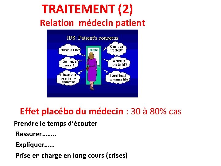 TRAITEMENT (2) Relation médecin patient Effet placébo du médecin : 30 à 80% cas