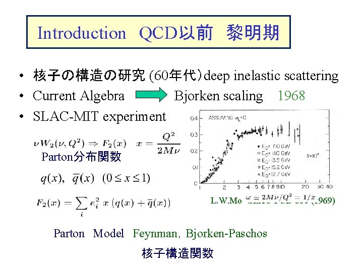 Introduction　QCD以前　黎明期 • 核子の構造の研究 (60年代）deep inelastic scattering • Current Algebra Bjorken scaling 1968 • SLAC-MIT