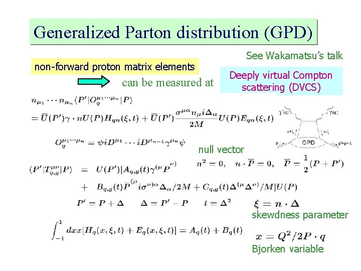 Generalized Parton distribution (GPD) See Wakamatsu’s talk non-forward proton matrix elements can be measured