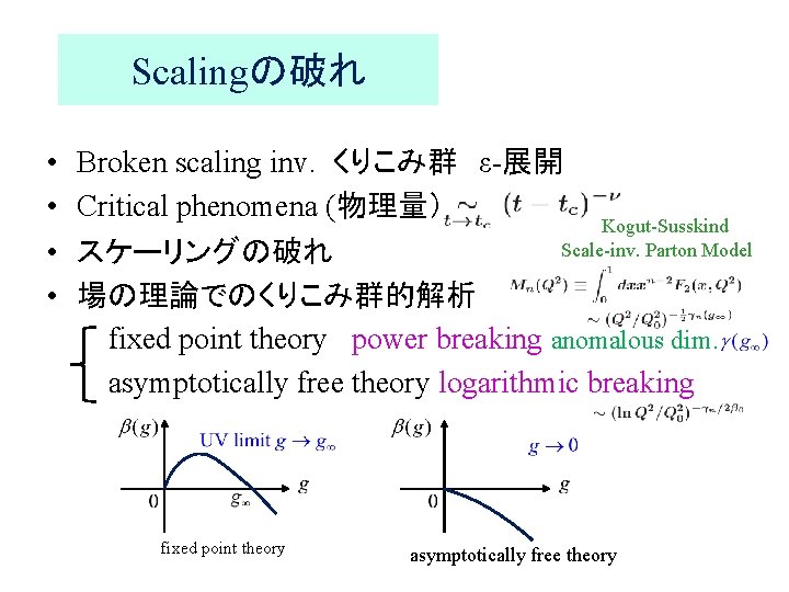 Scalingの破れ • Broken scaling inv. くりこみ群　ε-展開 • Critical phenomena (物理量） Kogut-Susskind Scale-inv. Parton Model