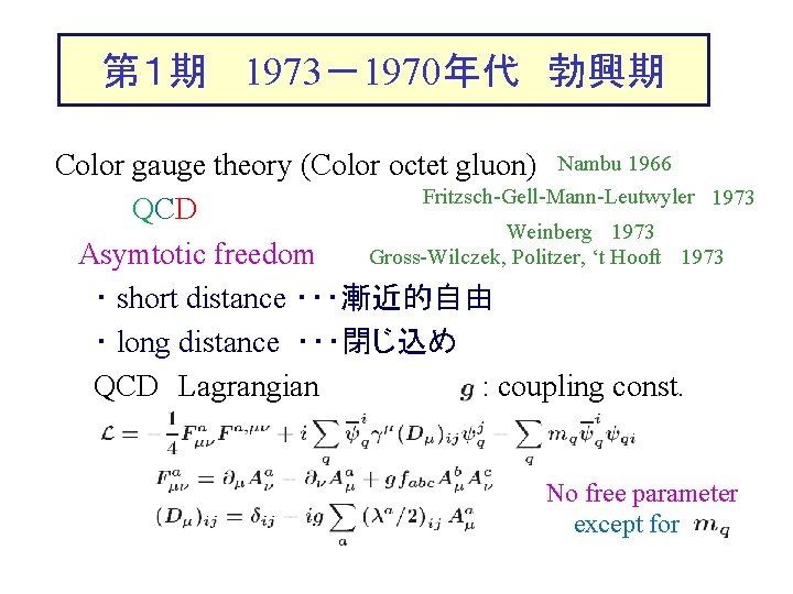 第１期　 1973－1970年代　勃興期 Color gauge theory (Color octet gluon) Nambu 1966 Fritzsch-Gell-Mann-Leutwyler 1973 QCD Weinberg