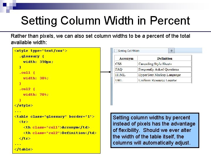 Setting Column Width in Percent Rather than pixels, we can also set column widths Setting Column Width in Percent Rather than pixels, we can also set column widths