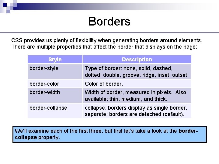 Borders CSS provides us plenty of flexibility when generating borders around elements. There are