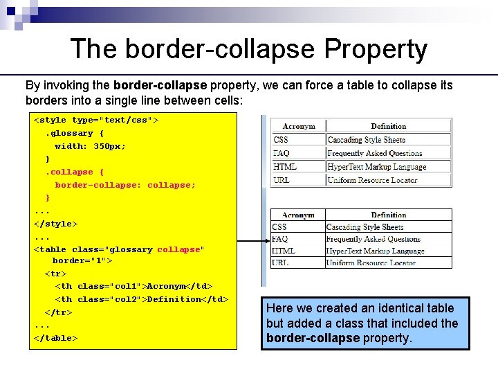 The border-collapse Property By invoking the border-collapse property, we can force a table to