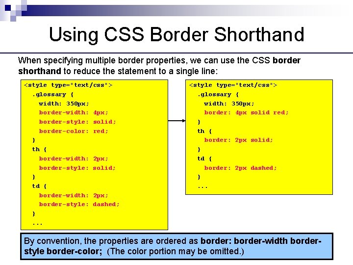 Using CSS Border Shorthand When specifying multiple border properties, we can use the CSS