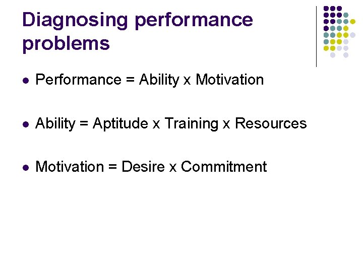 Diagnosing performance problems l Performance = Ability x Motivation l Ability = Aptitude x