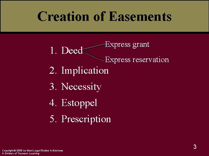 Creation of Easements 1. Deed Express grant Express reservation 2. Implication 3. Necessity 4.