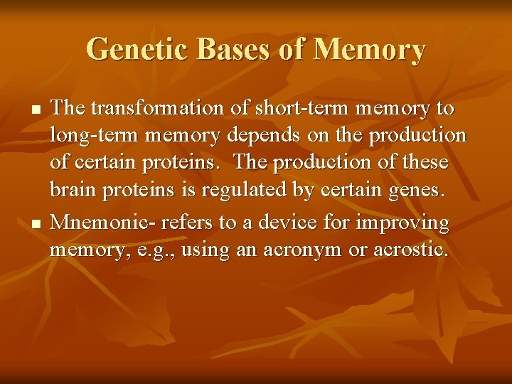 Genetic Bases of Memory n n The transformation of short-term memory to long-term memory