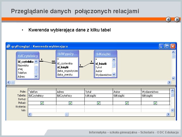 Przeglądanie danych połączonych relacjami • Kwerenda wybierająca dane z kilku tabel Informatyka – szkoła