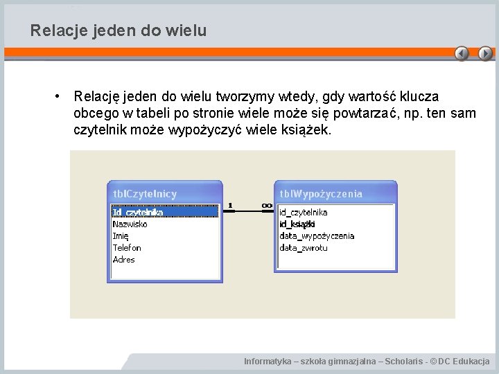 Relacje jeden do wielu • Relację jeden do wielu tworzymy wtedy, gdy wartość klucza