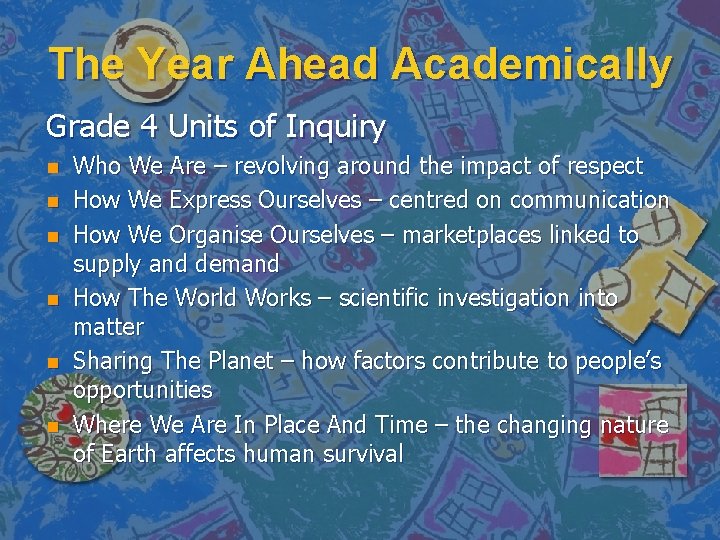 The Year Ahead Academically Grade 4 Units of Inquiry n n n Who We