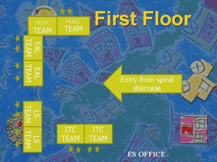 MUSIC TEAM First Floor EAL TEAM Entry from spiral staircase LS TEAM ITC TEAM