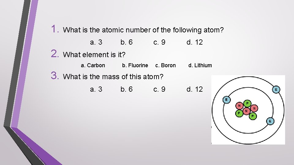 1. What is the atomic number of the following atom? a. 3 2. c.