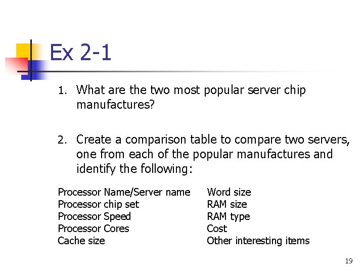 Ex 2 -1 1. What are the two most popular server chip manufactures? 2.