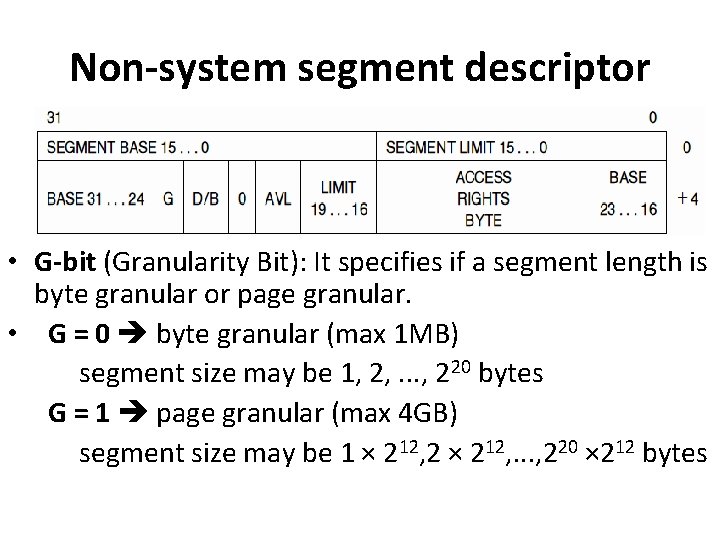 Non-system segment descriptor • G-bit (Granularity Bit): It specifies if a segment length is