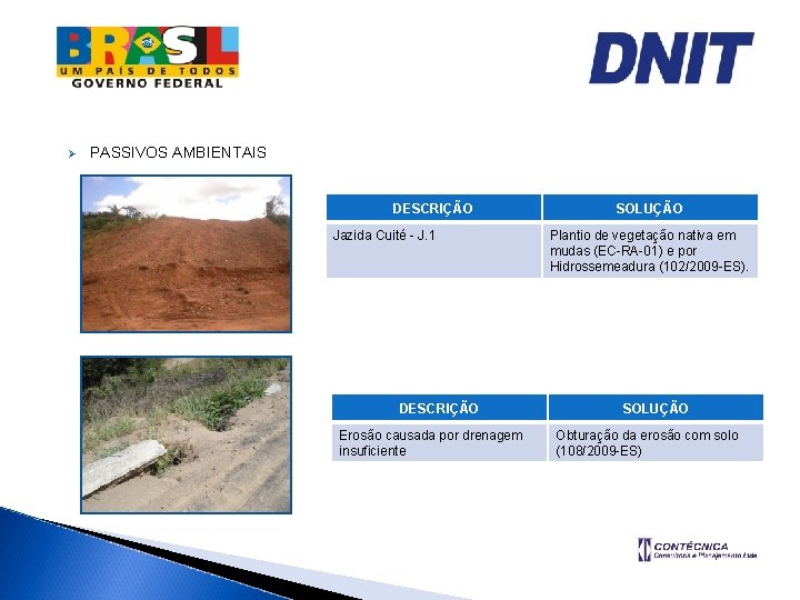 Ø PASSIVOS AMBIENTAIS DESCRIÇÃO Jazida Cuité - J. 1 DESCRIÇÃO Erosão causada por drenagem