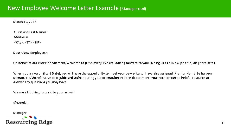 New Employee Welcome Letter Example (Manager tool) March 19, 2018 < First and Last