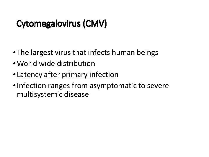 Cytomegalovirus (CMV) • The largest virus that infects human beings • World wide distribution