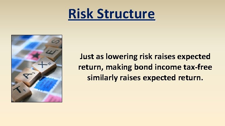 Risk Structure Just as lowering risk raises expected return, making bond income tax-free similarly Risk Structure Just as lowering risk raises expected return, making bond income tax-free similarly
