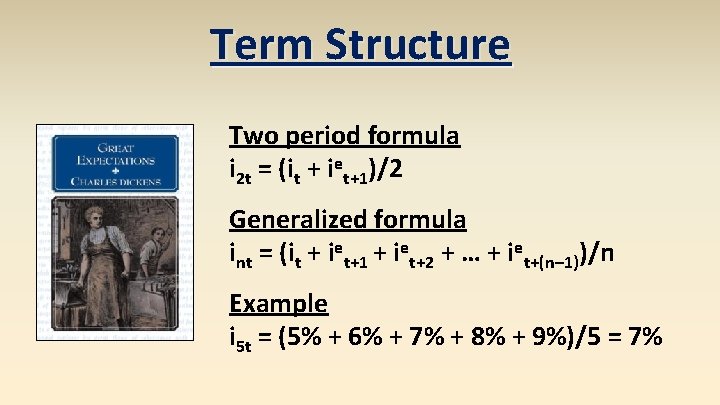 Term Structure Two period formula i 2 t = (it + iet+1)/2 Generalized formula Term Structure Two period formula i 2 t = (it + iet+1)/2 Generalized formula