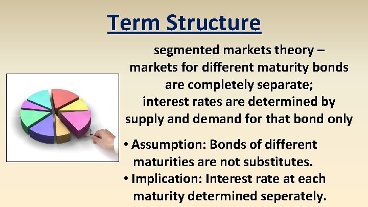 Term Structure segmented markets theory – markets for different maturity bonds are completely separate; Term Structure segmented markets theory – markets for different maturity bonds are completely separate;