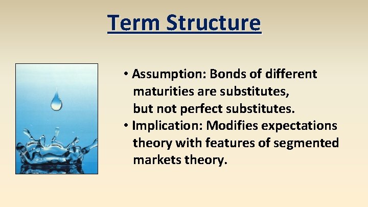 Term Structure • Assumption: Bonds of different maturities are substitutes, but not perfect substitutes. Term Structure • Assumption: Bonds of different maturities are substitutes, but not perfect substitutes.