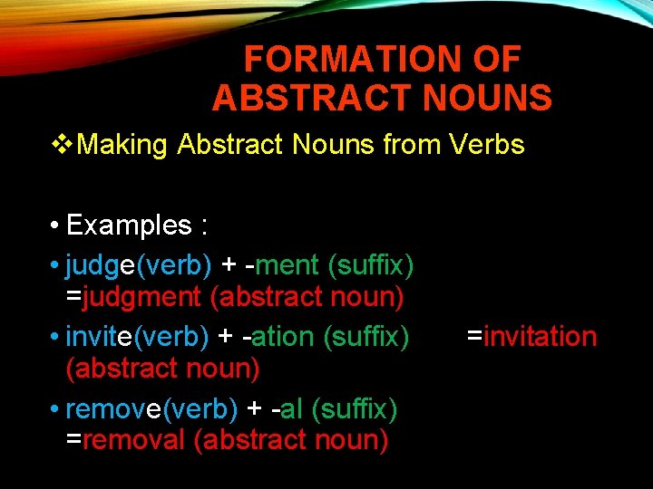 FORMATION OF ABSTRACT NOUNS v. Making Abstract Nouns from Verbs • Examples : •