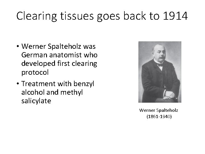 Clearing tissues goes back to 1914 • Werner Spalteholz was German anatomist who developed