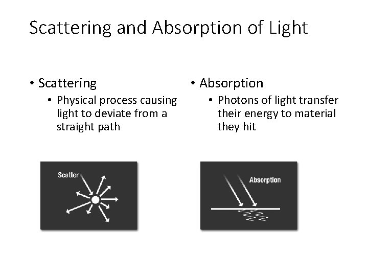 Scattering and Absorption of Light • Scattering • Physical process causing light to deviate