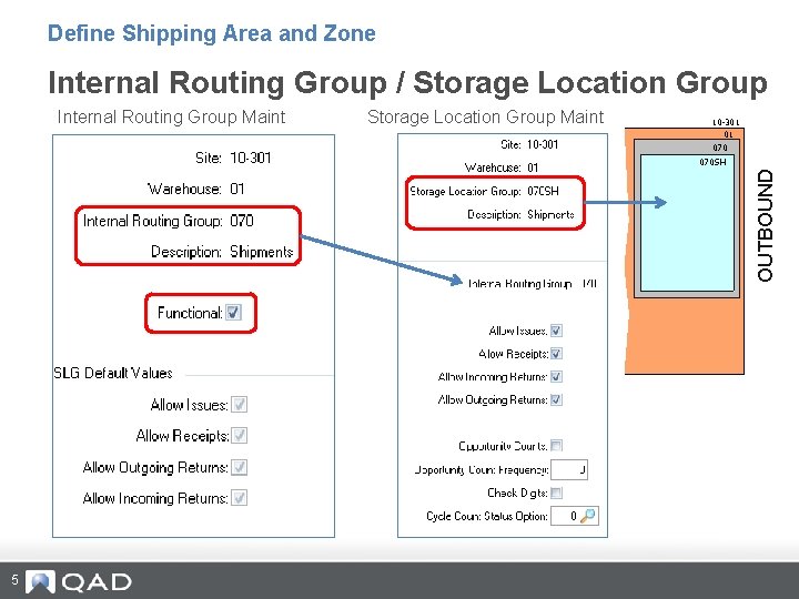 Define Shipping Area and Zone Internal Routing Group / Storage Location Group Internal Routing