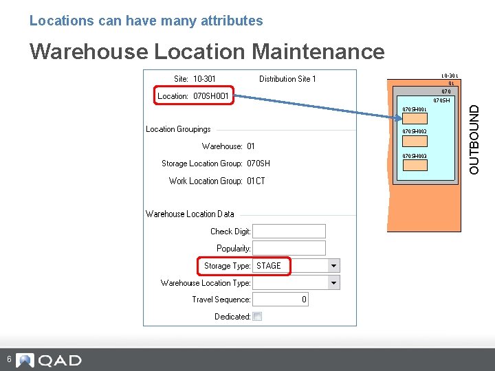 Locations can have many attributes Warehouse Location Maintenance 10 -301 01 070 SH 002