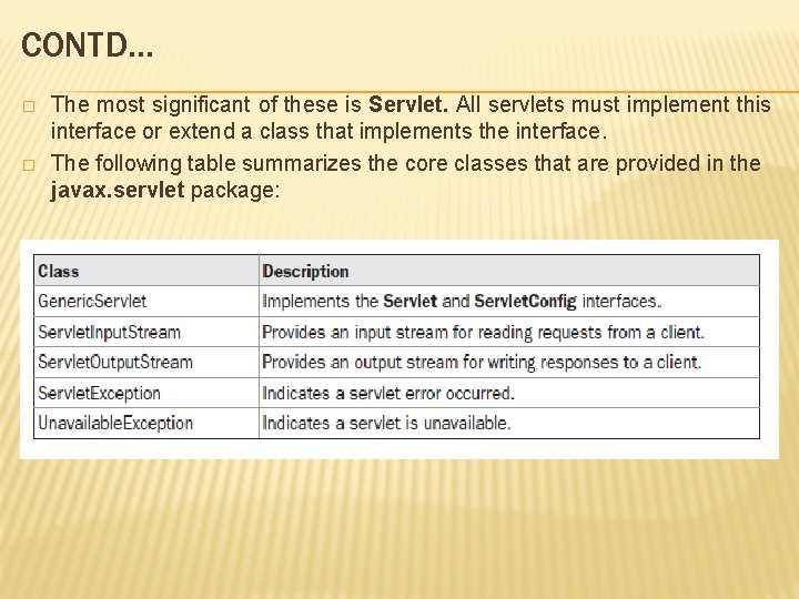 CONTD… � � The most significant of these is Servlet. All servlets must implement