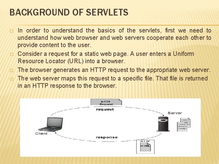 BACKGROUND OF SERVLETS � � In order to understand the basics of the servlets,
