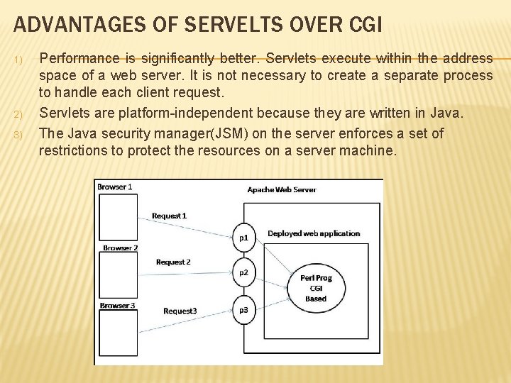 ADVANTAGES OF SERVELTS OVER CGI 1) 2) 3) Performance is significantly better. Servlets execute