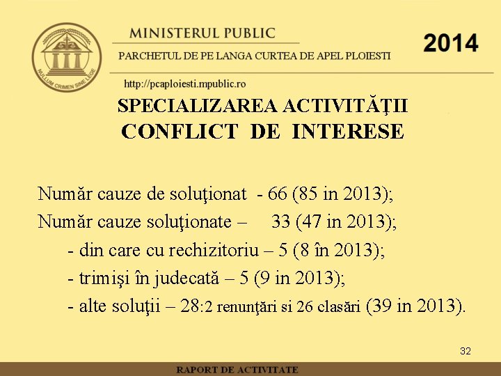 SPECIALIZAREA ACTIVITĂŢII CONFLICT DE INTERESE Număr cauze de soluţionat - 66 (85 in 2013);