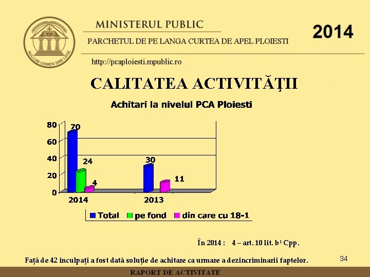 CALITATEA ACTIVITĂŢII În 2014 : 4 – art. 10 lit. b¹ Cpp. Faţă de