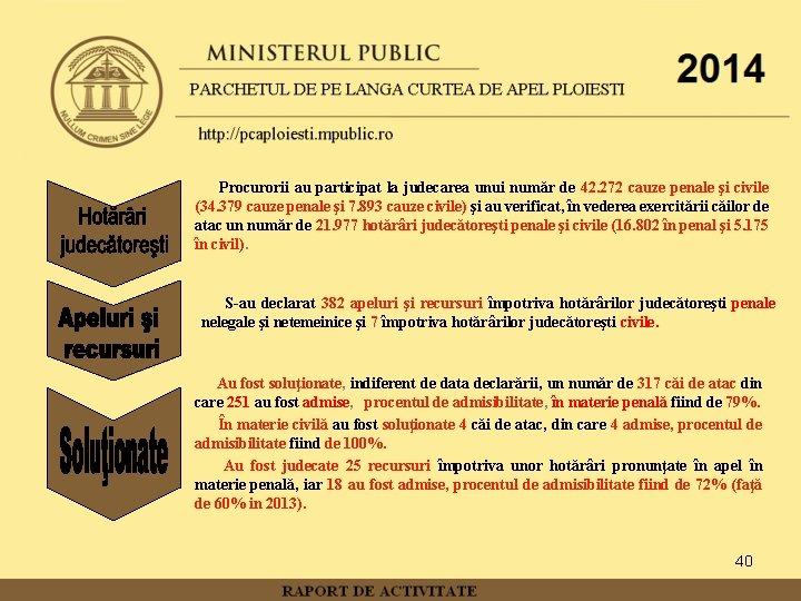 Procurorii au participat la judecarea unui număr de 42. 272 cauze penale şi civile