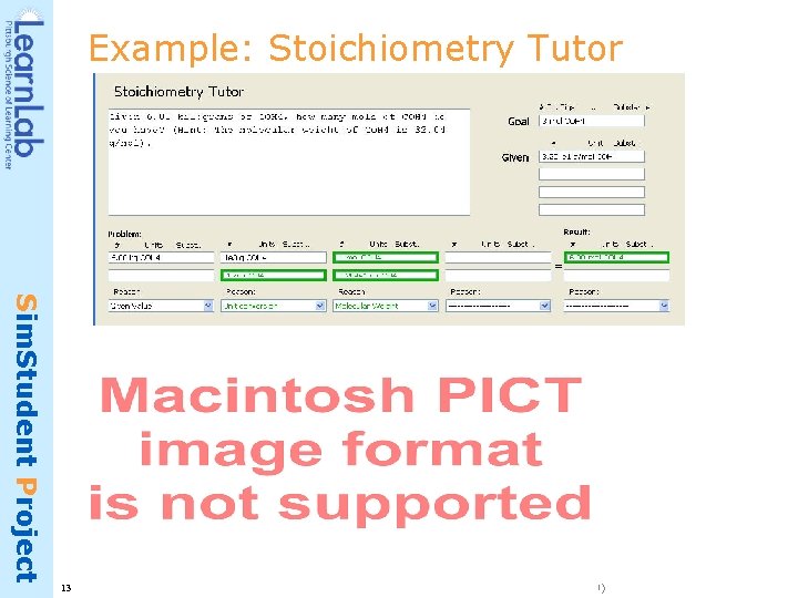 Example: Stoichiometry Tutor Sim. Student Project 13 PSLC Summer School 2009 : : Sim.