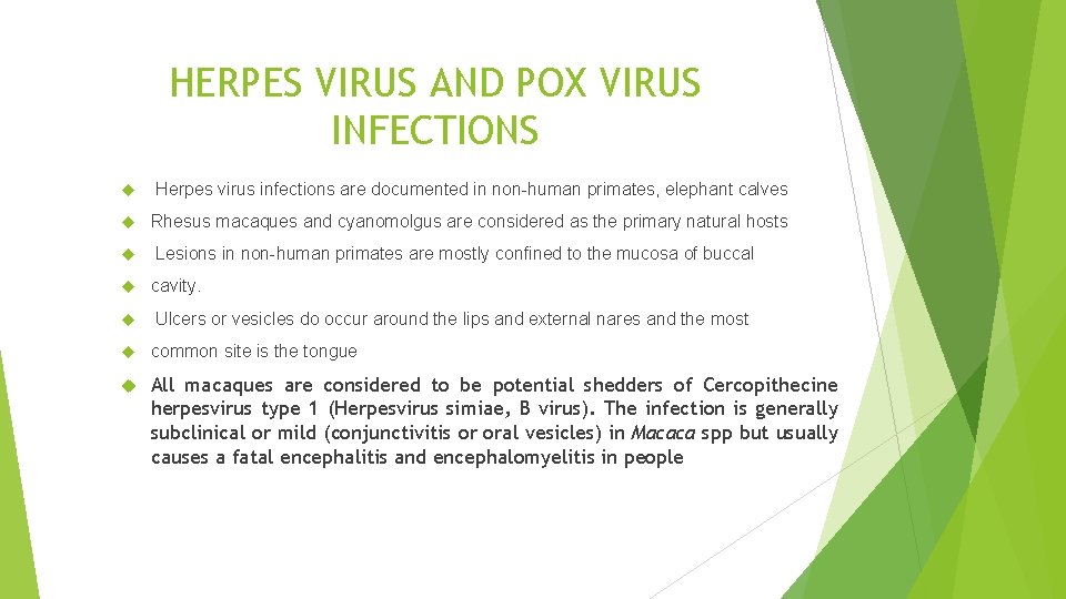 HERPES VIRUS AND POX VIRUS INFECTIONS Herpes virus infections are documented in non-human primates,