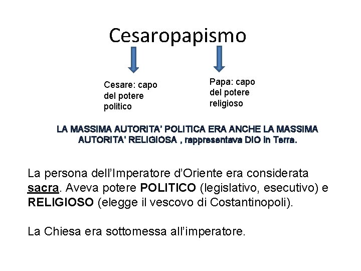 Cesaropapismo Cesare: capo del potere politico Papa: capo del potere religioso LA MASSIMA AUTORITA’