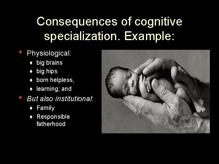 Consequences of cognitive specialization. Example: ▪ ▪ Physiological: ♦ ♦ big brains big hips