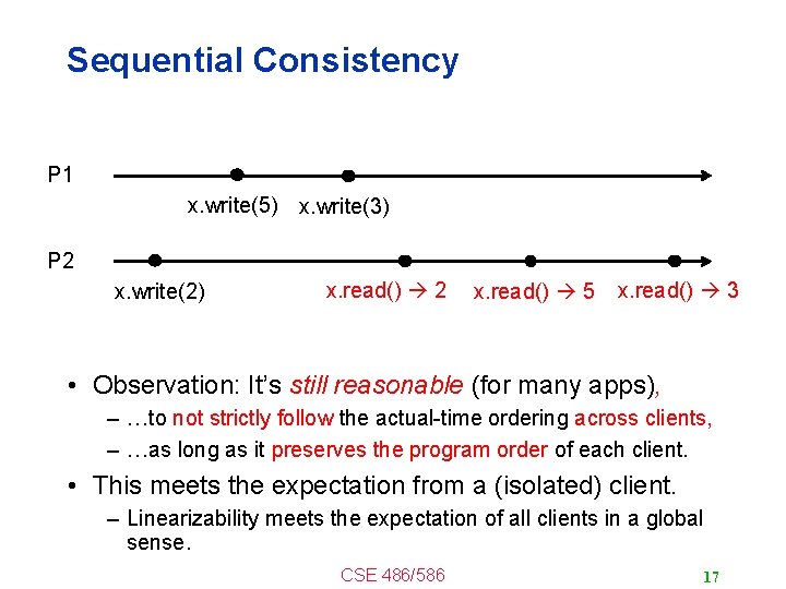 Sequential Consistency P 1 x. write(5) x. write(3) P 2 x. write(2) x. read()